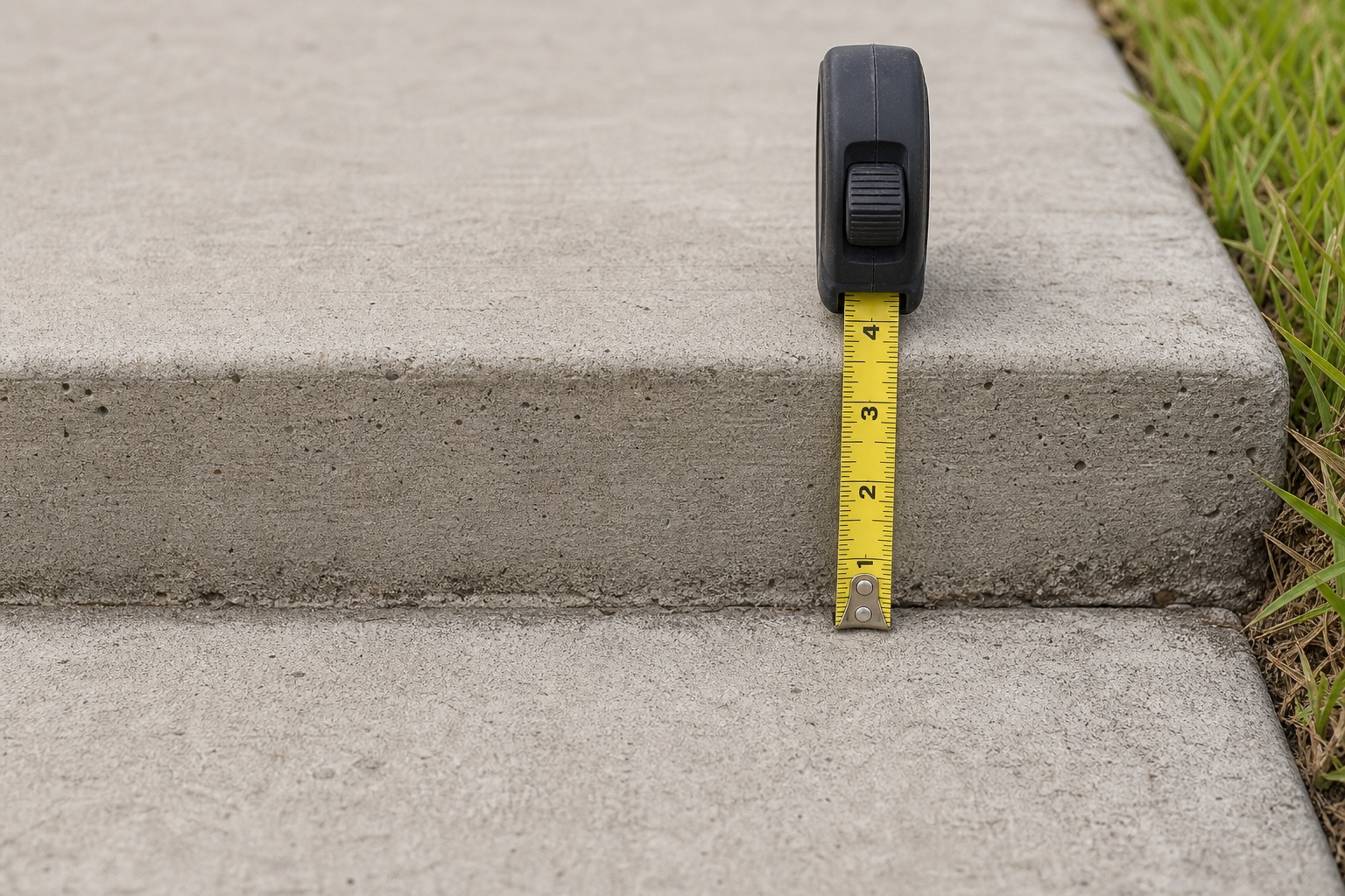 Illustrative close view of a tape measure at the edge of an uneven concrete slab